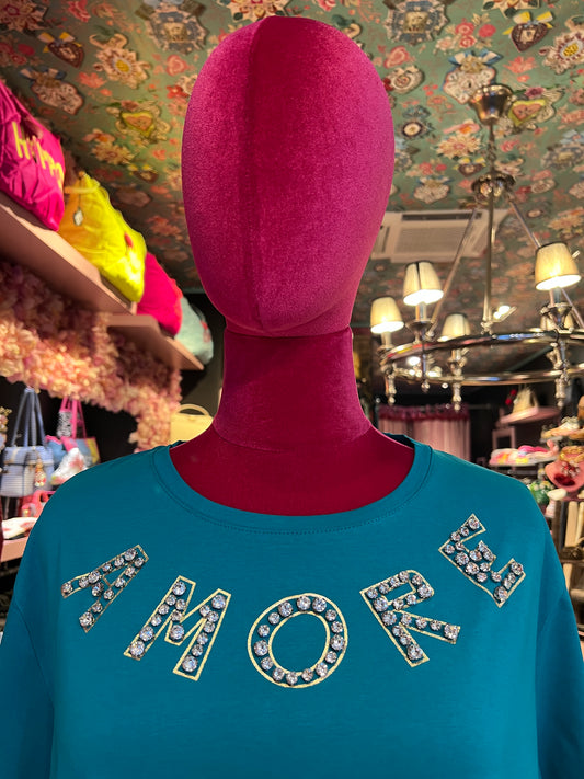 Mon amour Paris t shirt mezza manica verde petrolio con scritta “ Amore” con cristalli