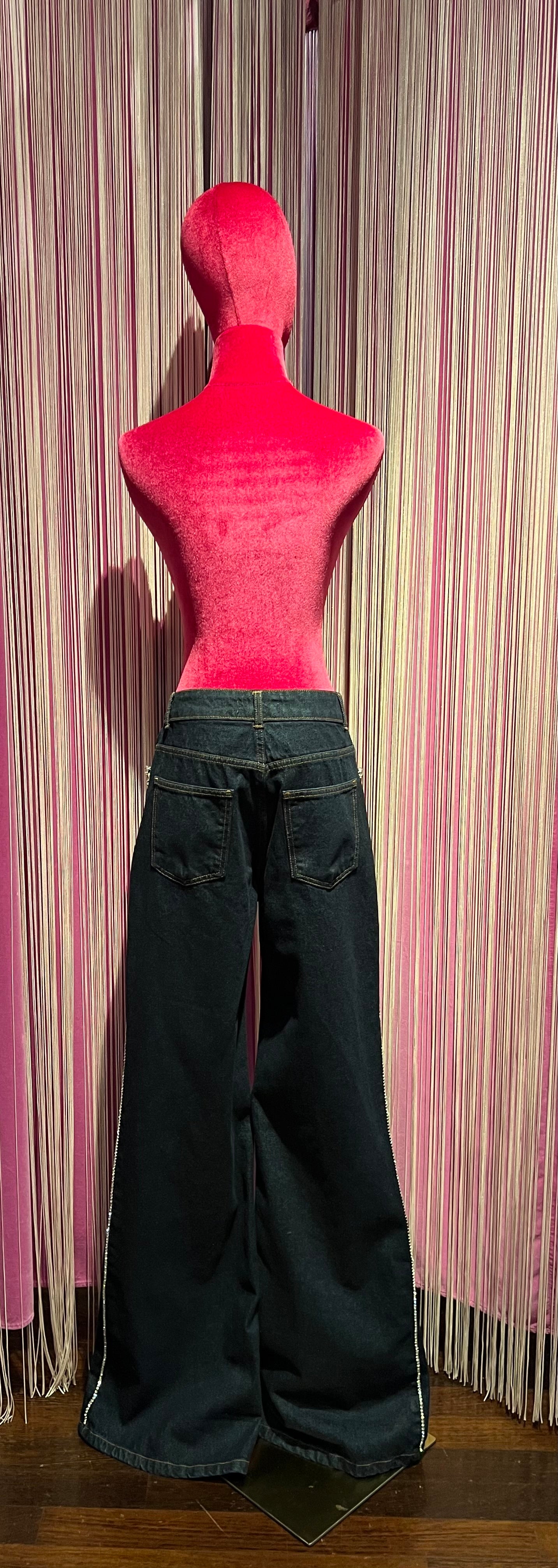 Drame’e jeans denim -30%con applicazioni tasche e banda laterale di Swarovski