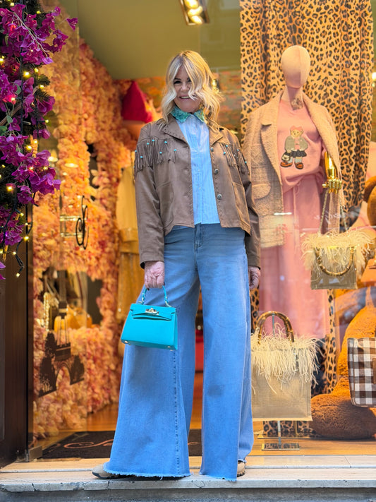 Love & roses jeans denim a palazzo sfrangiato