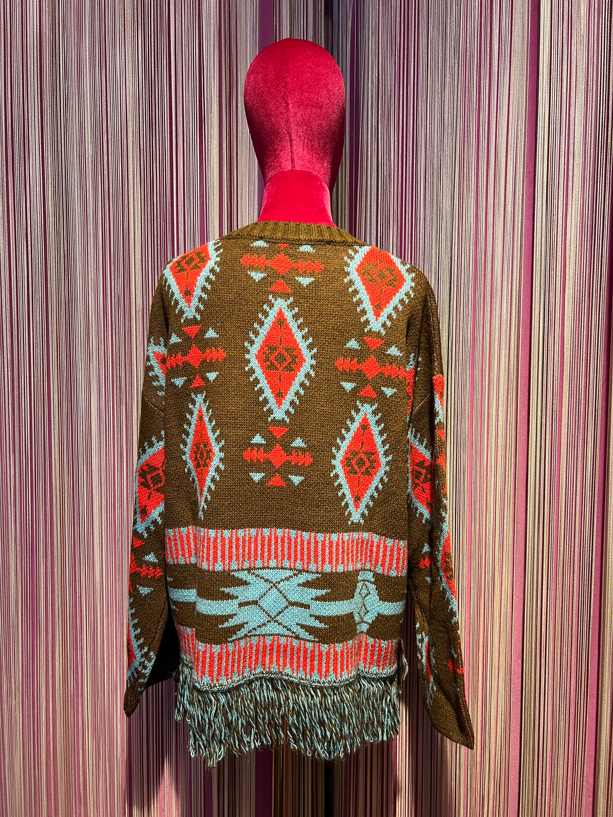 Colour market maglia jacquard con frangia e strass marrone turchese e rosso
