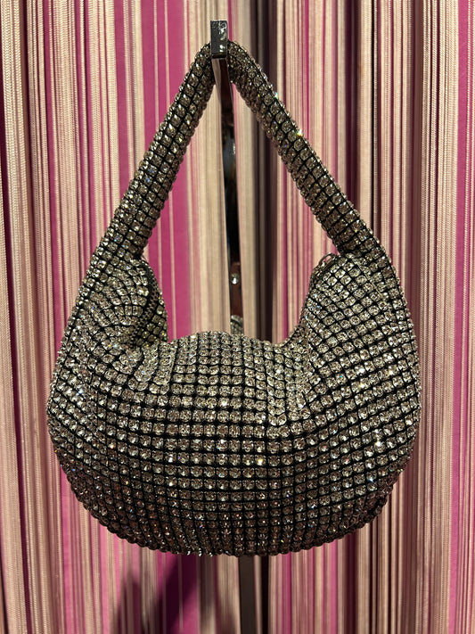 Love & roses borsa a mano full strass silver con tracolla metallica