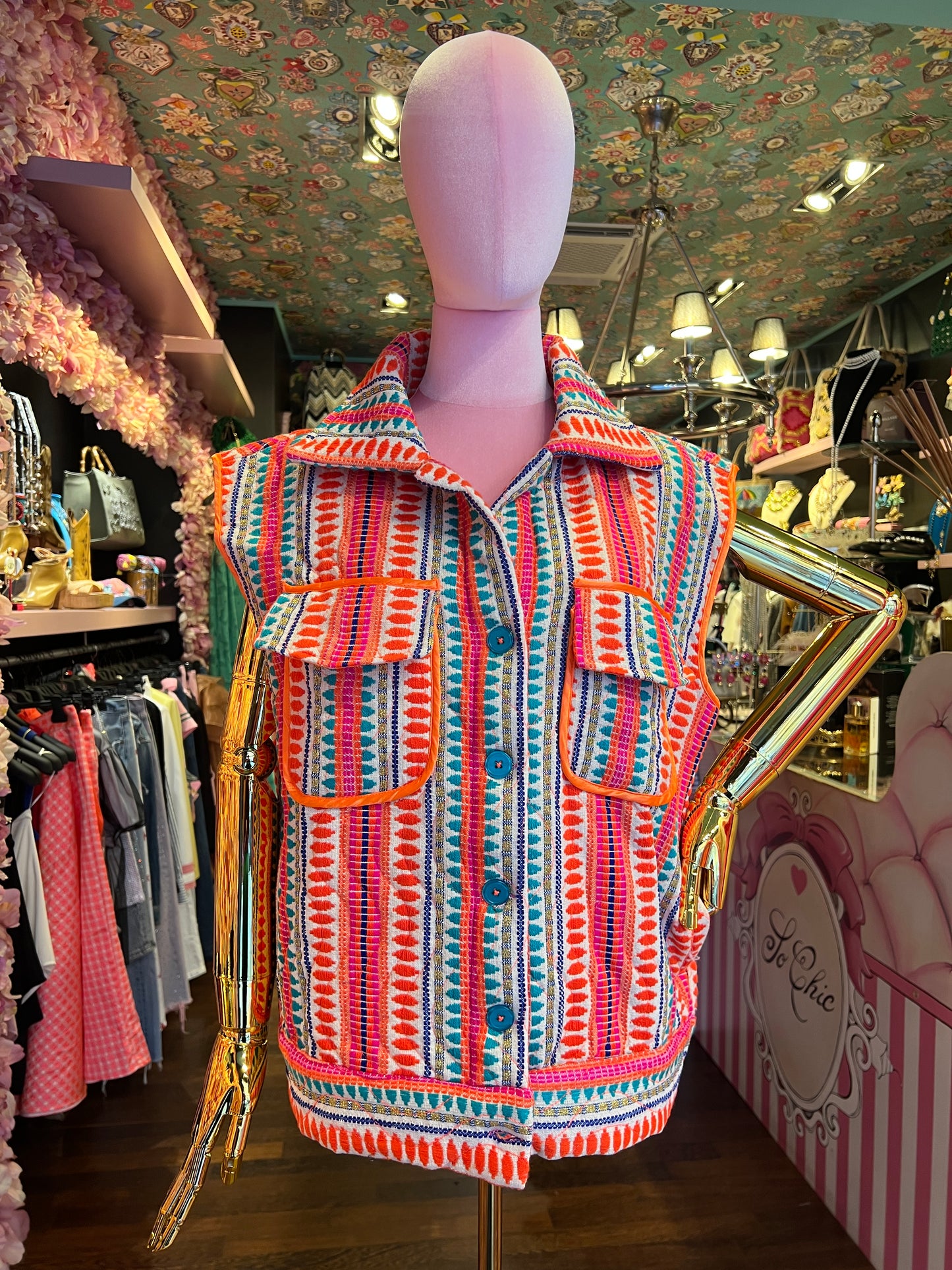 Mon amour Paris gilet leggermente imbottito fantasia geometrica su sfondo panna