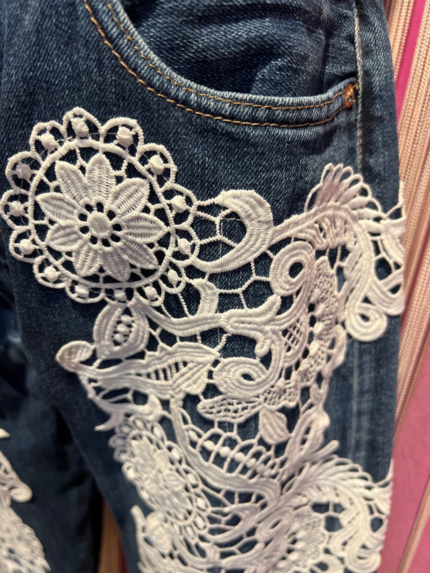 5 Proprio -50% di sconto jeans vintage m denim con applicazione pizzo bianco