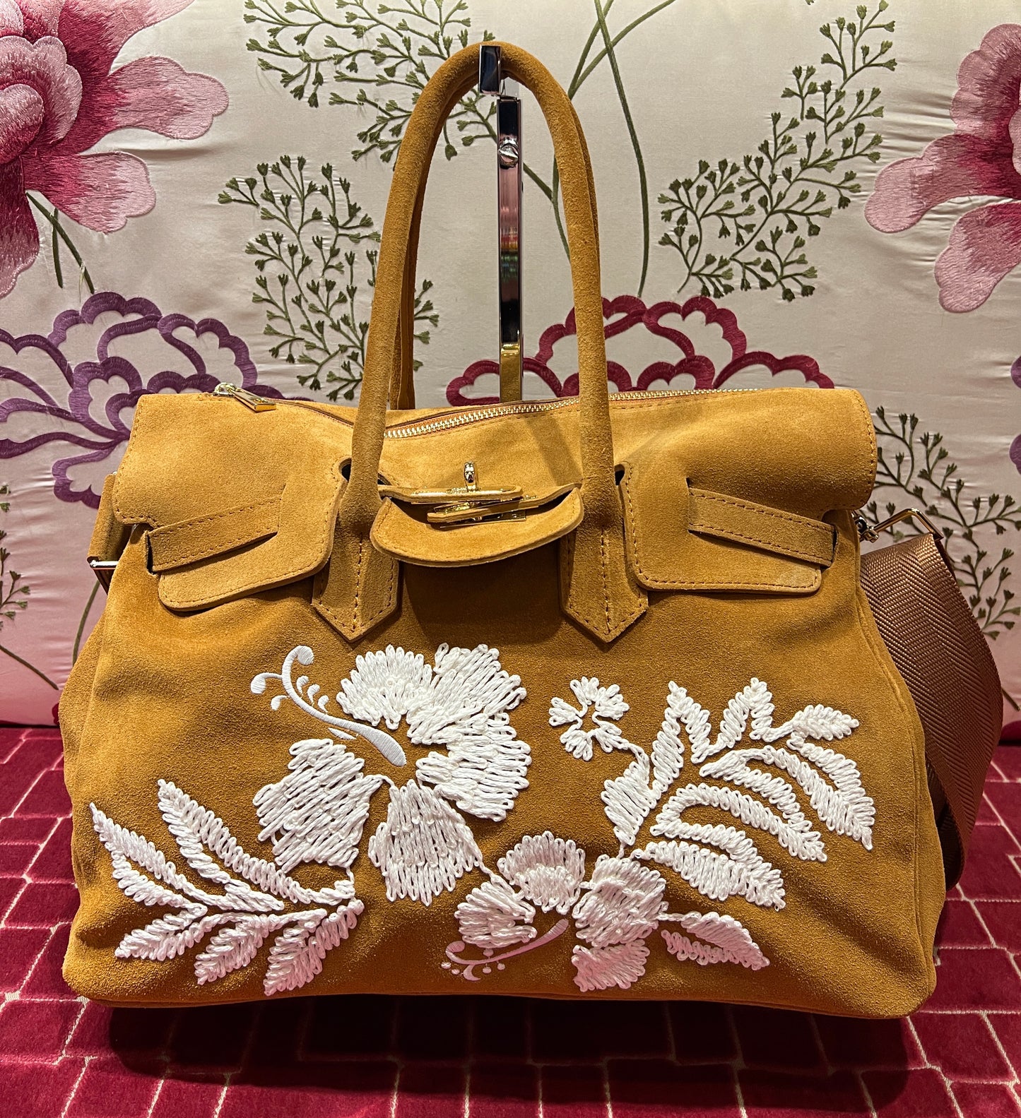 Mia bag borsa due manici con tracolla in camoscio ricamo fiori