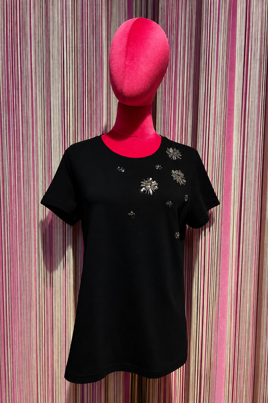 The room t shirt nera con decorazioni paillettes e perline