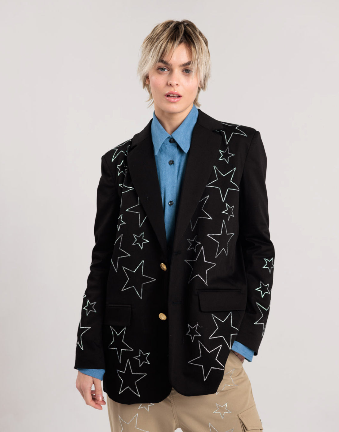 Rossano Perini blazer nero oversize con decorazioni in cristalli stelle