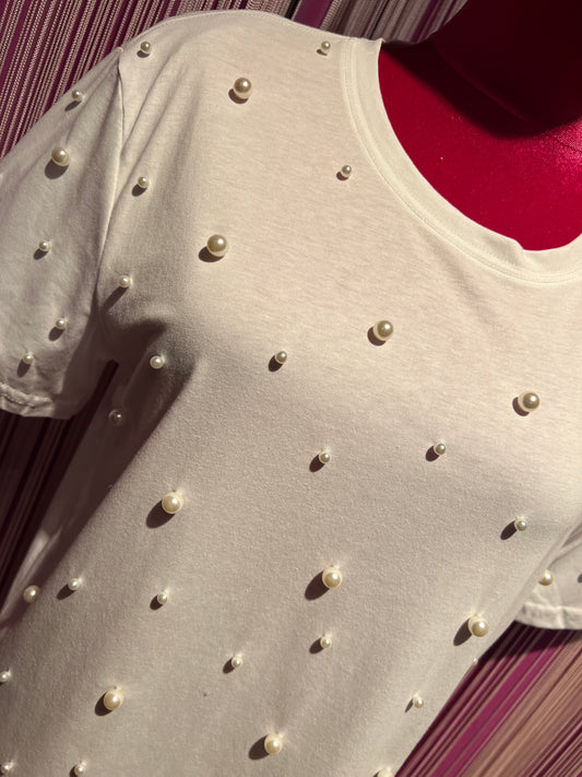 Love & roses t-shirt bianca cotone con applicazioni perle