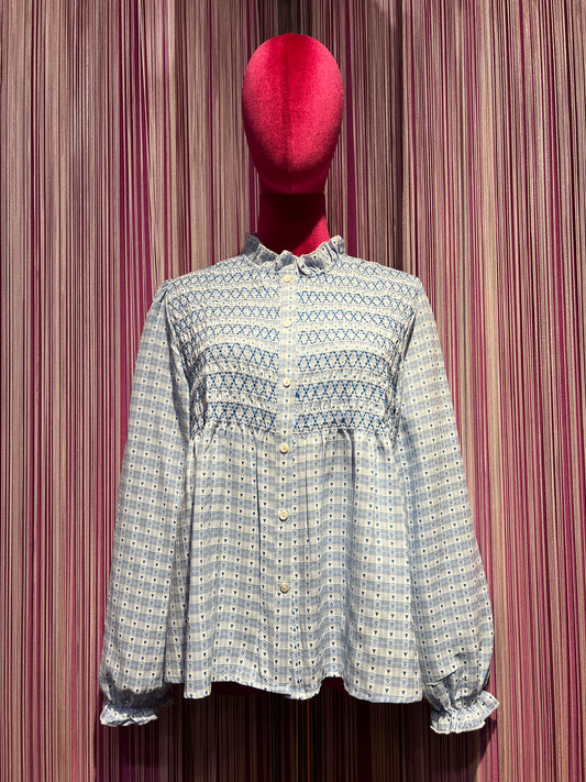Mon amour Paris camicia quadretti celesti e bianchi con cuoricini lavorazione punto smock collo alla coreana con volant
