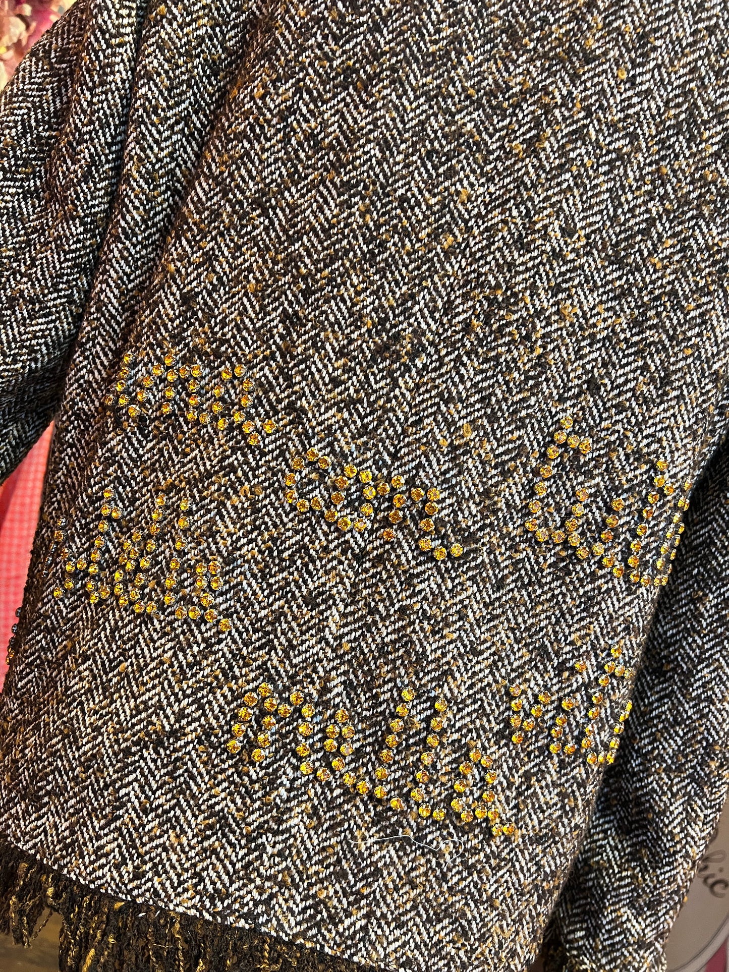 Front street giacca in tweed con scritta tasche e dietro cristalli