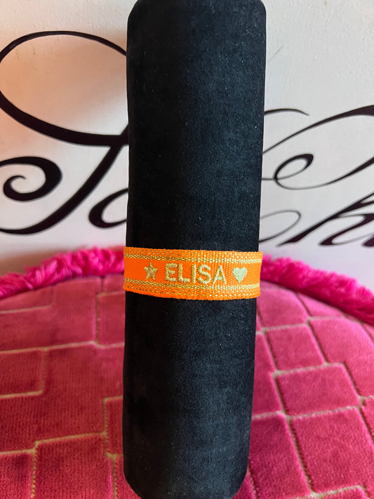 Bracciale tessuto regolabile con nome Elisa fondo arancio