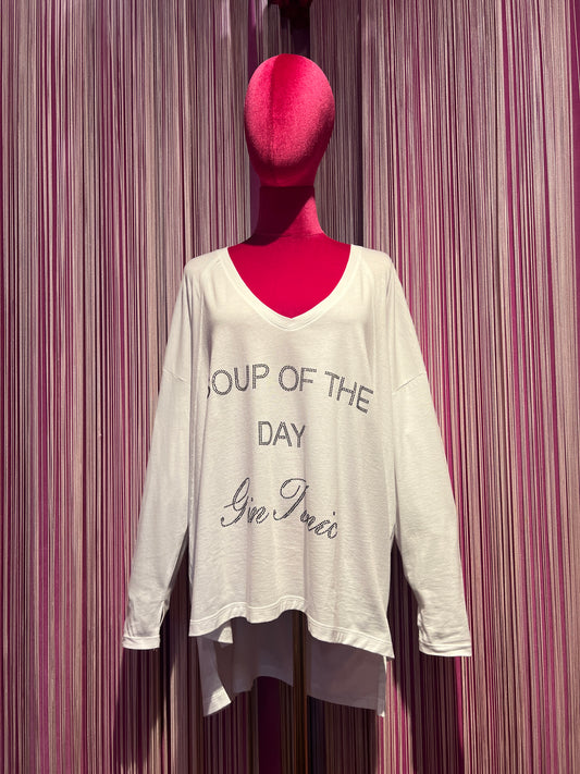Miss goodlife t-shirt oversize bianca manica lunga con scritta cristalli neri “ Soup of the day gin tonic “