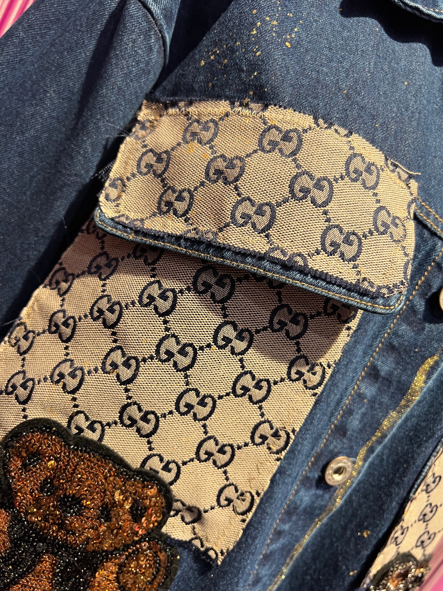 ABpink🩷 giacca camicia jeans con stoffa vintage patch orsetto paillettes oro