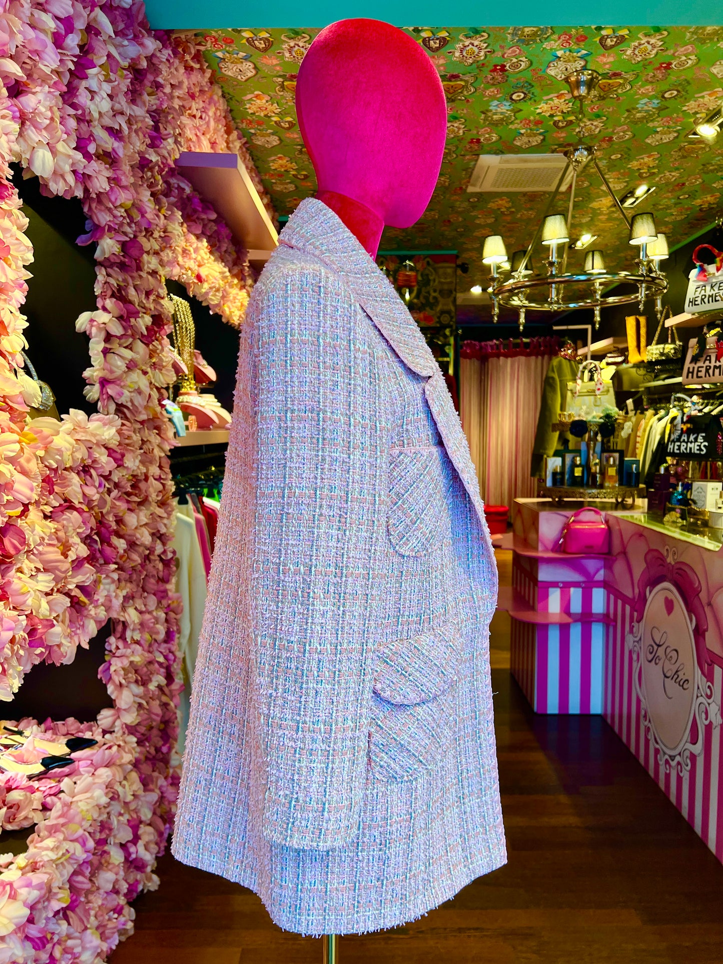 Mouche giacca in tweed rosa bianca e argento