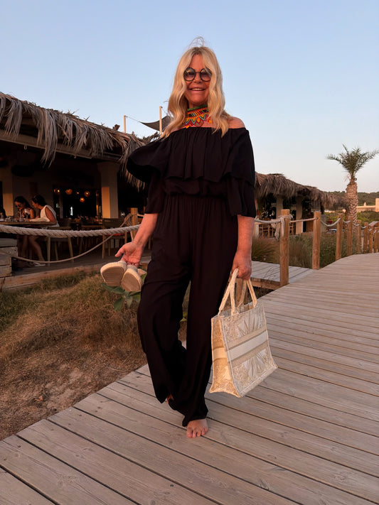 Love & roses -50% completo nero oversize blusa scollo Bardot e pantalone palazzo con elastico in vita