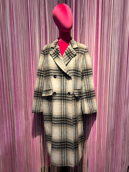 The room cappotto doppiopetto tartan nero grigio fondo panna