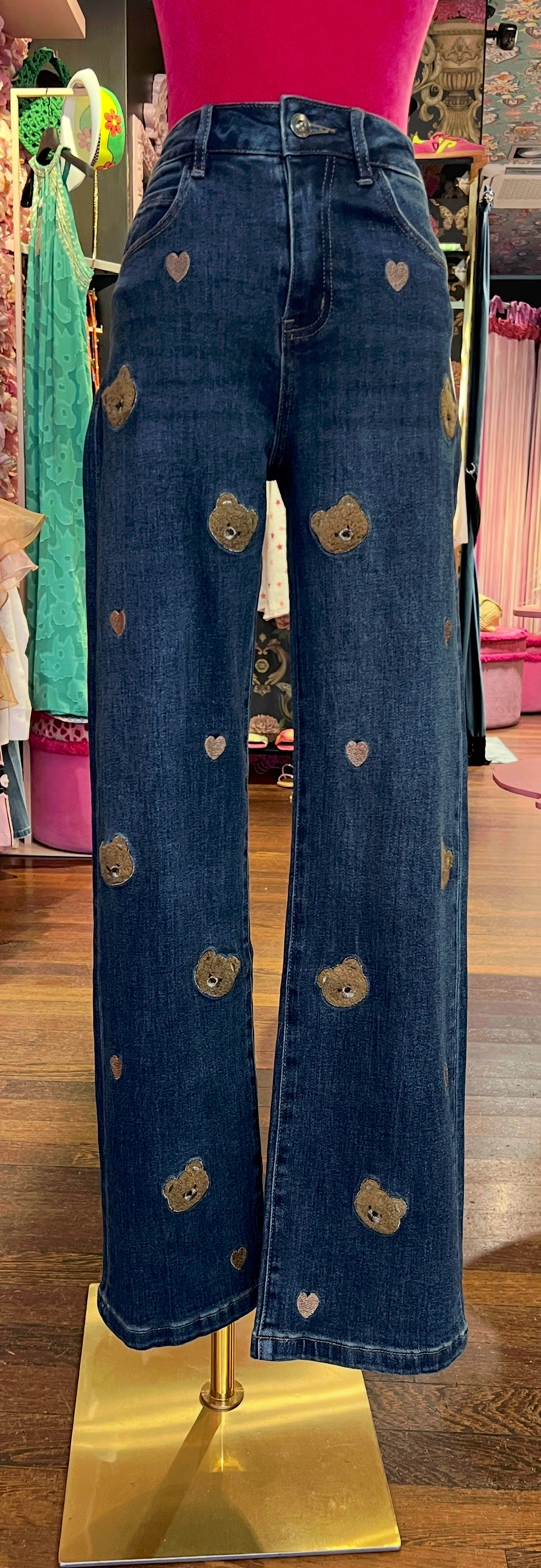 Mon amour Paris jeans denim con cuori e orsetti