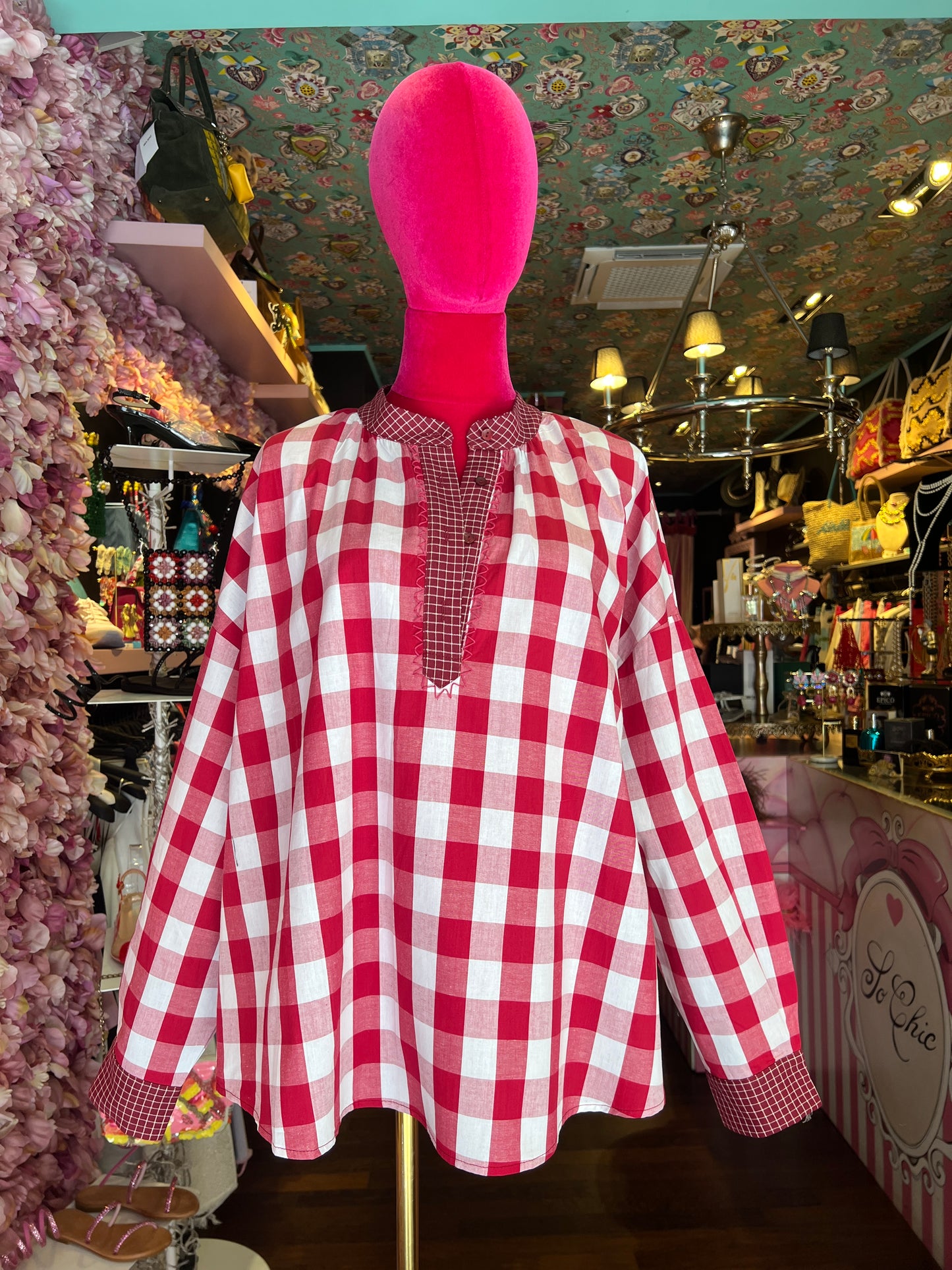 Mon amour Paris blusa oversize fantasia a quadri con polsini e rifiniture collo a contrasto