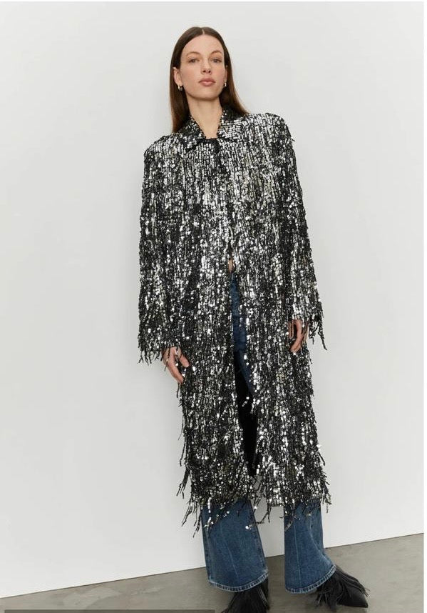 Isabelle Blanche Paris cappotto con frange di paillettes nero/argento