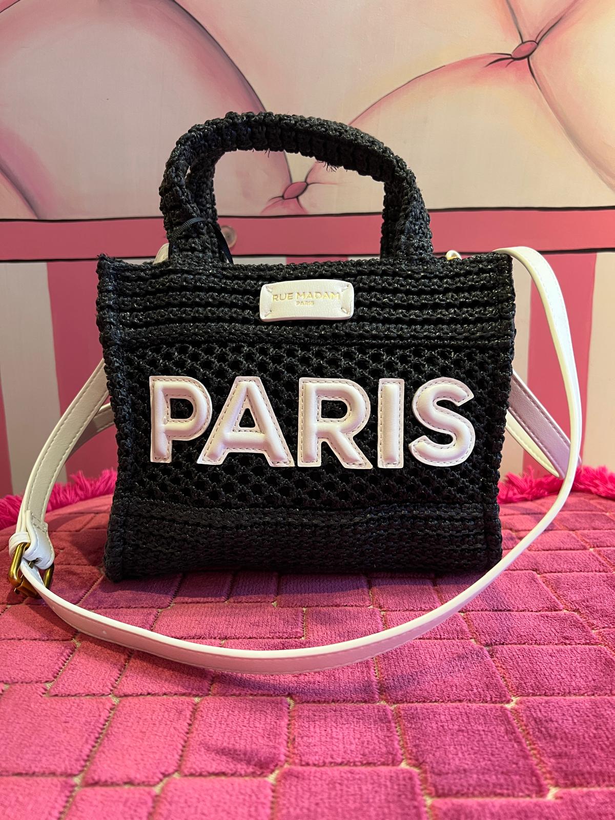 Rue Madam borsa due manici con tracolla l’ avana mini in rafia logo ecopelle nera