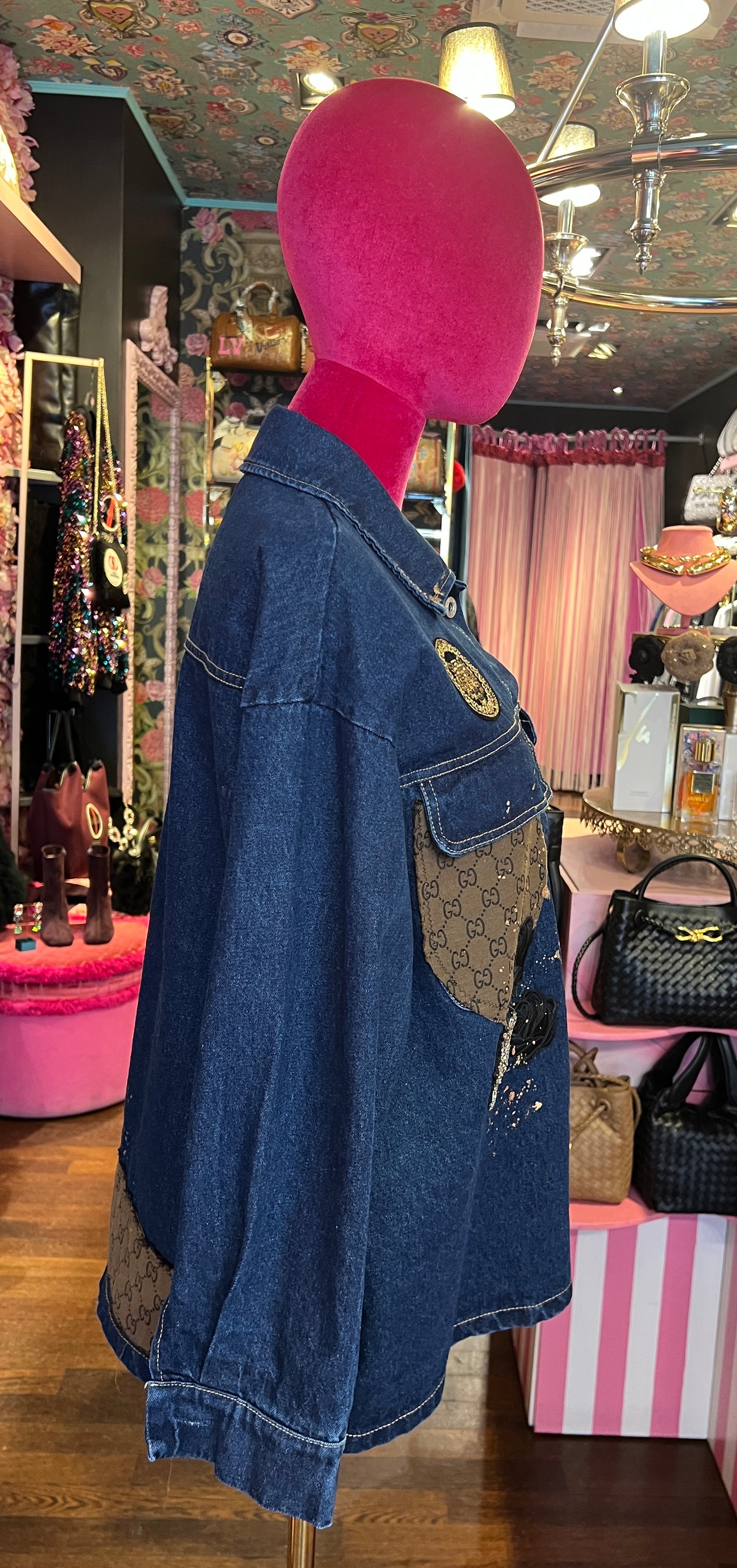 ABpink🩷 giacca camicia jeans con stoffa vintage marrone e patch