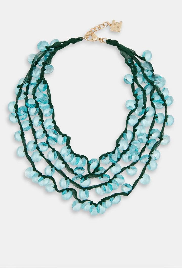 Essentiel antwerp -30% di sconto collana tre strati di fili morbidi intrecciati con strass di vetro blu/verde
