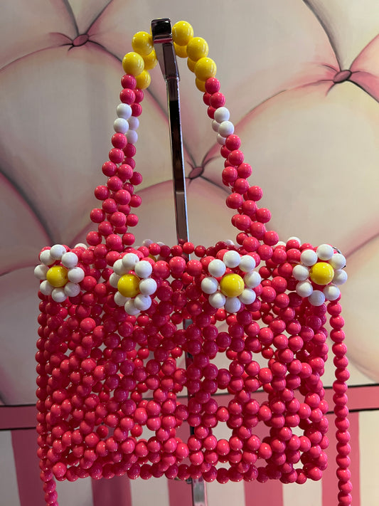 Borsa perle resina fucsia con margherite bianche e gialle