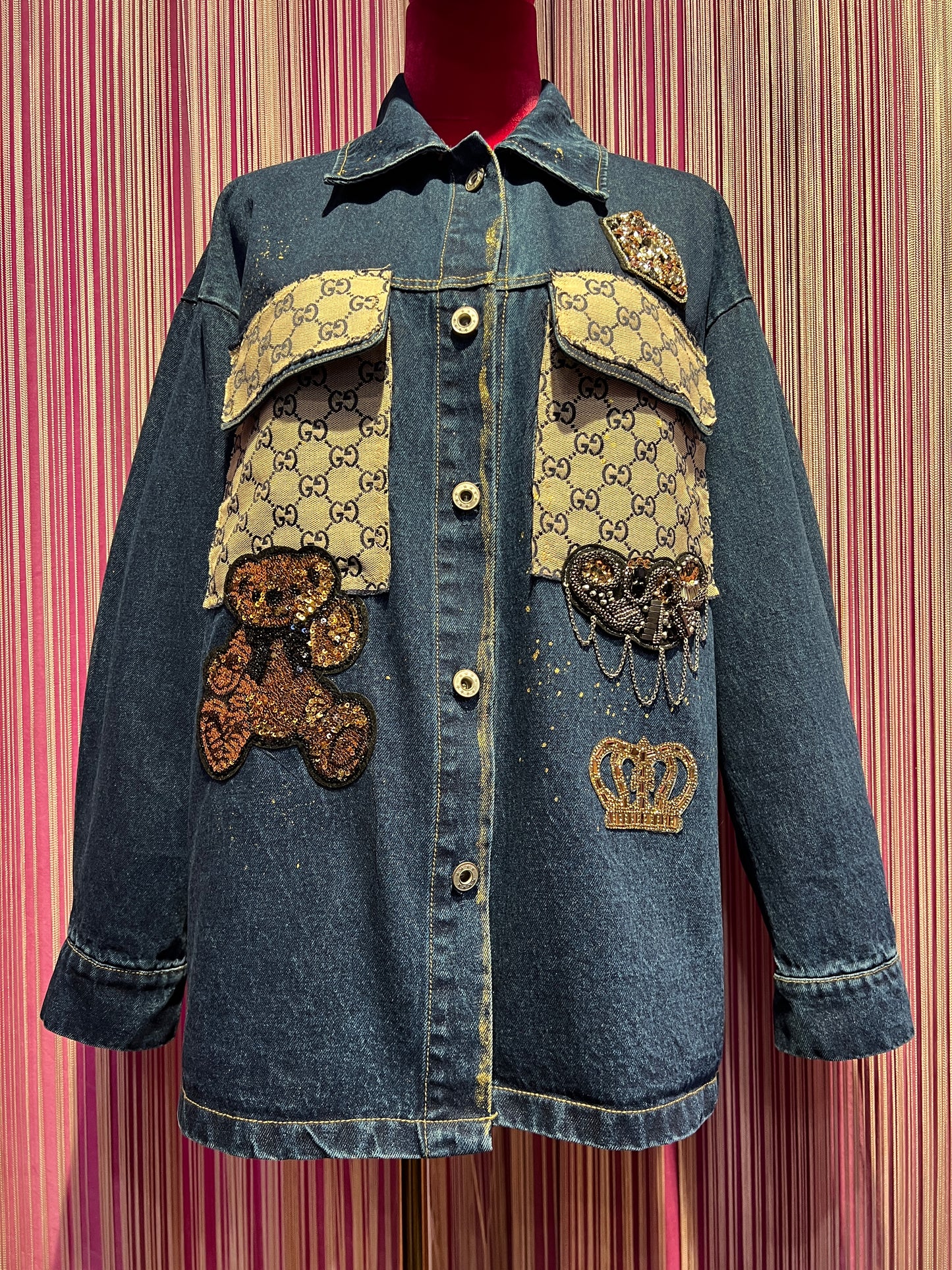ABpink🩷 giacca camicia jeans con stoffa vintage patch orsetto paillettes oro