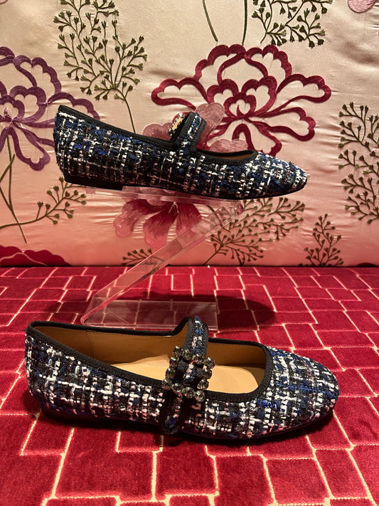 Bibi Lou meno 50% ballerina boucle nera panna e blu fibia Swarovski