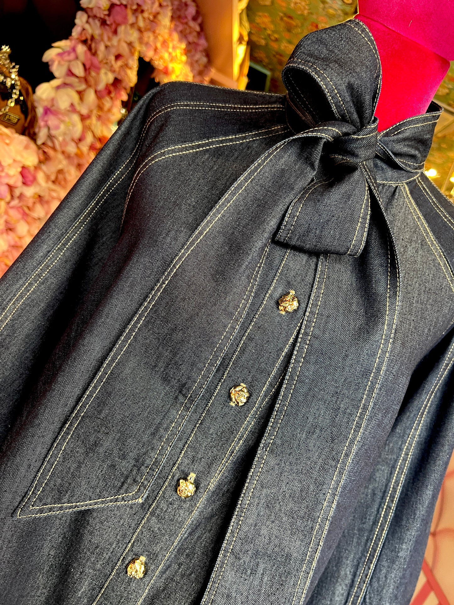 Mon amour Paris camicia denim oversize taglia unica con fiocco e maniche ampie