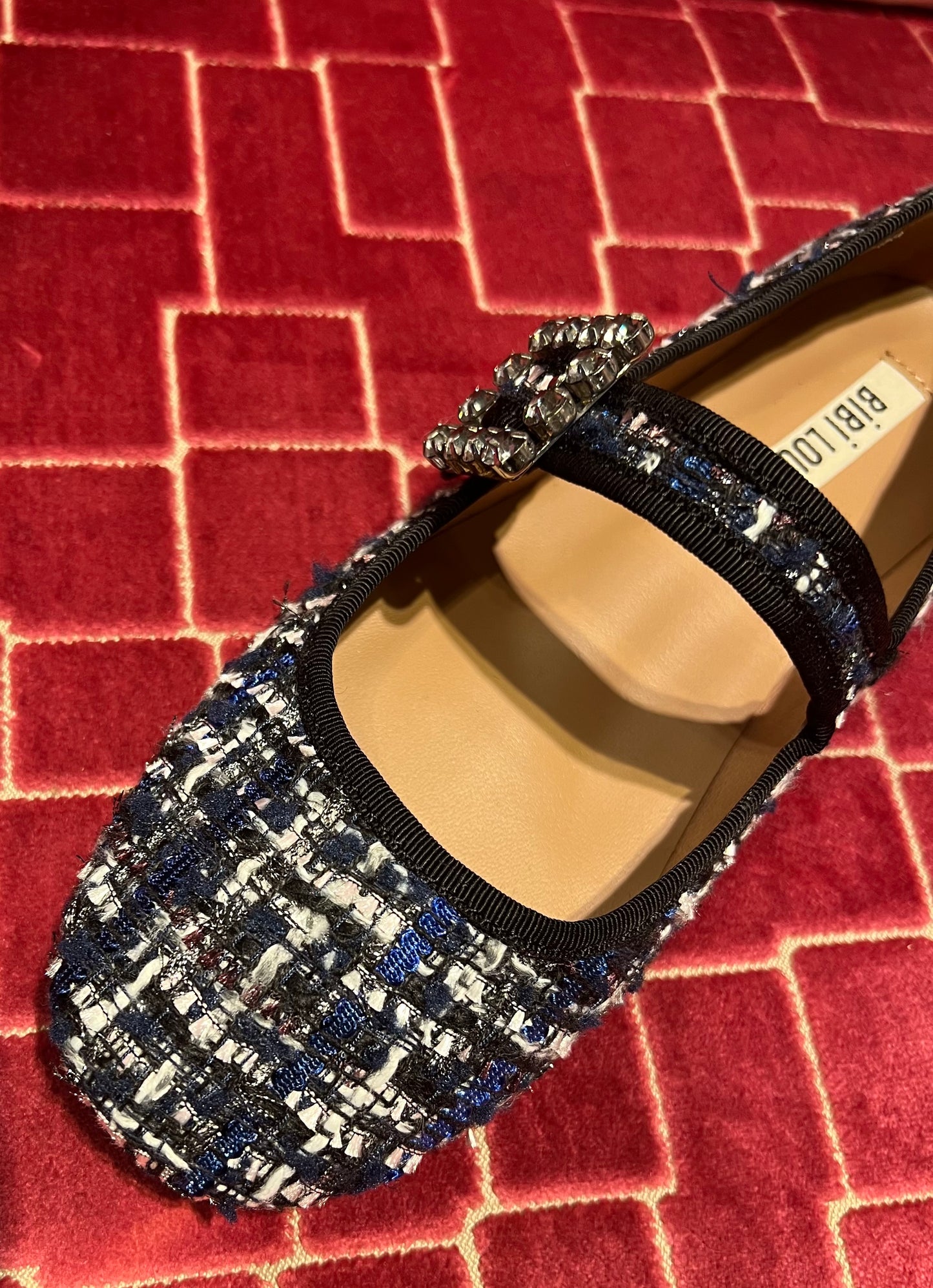 Bibi Lou meno 50% ballerina boucle nera panna e blu fibia Swarovski
