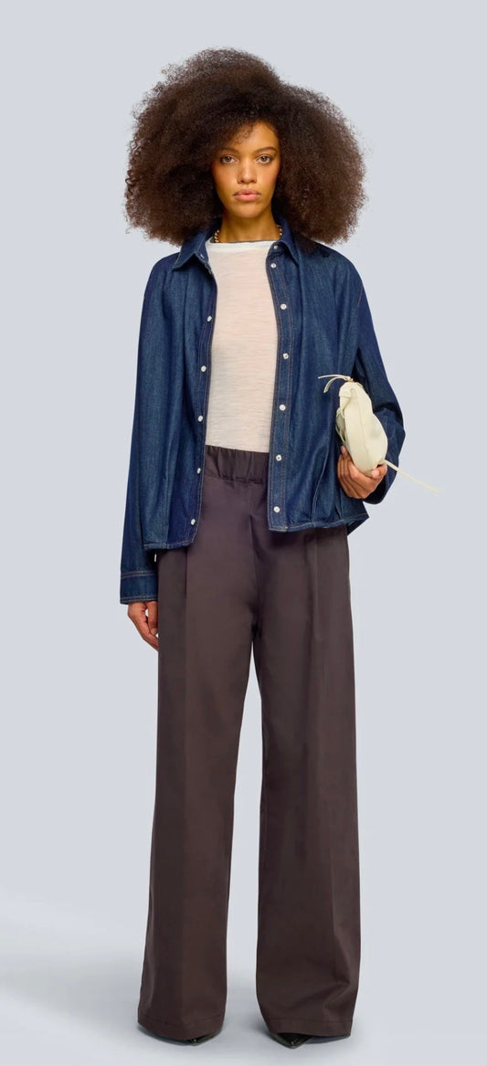 Semicouture camicia denim arricciatura su spalla e fondo