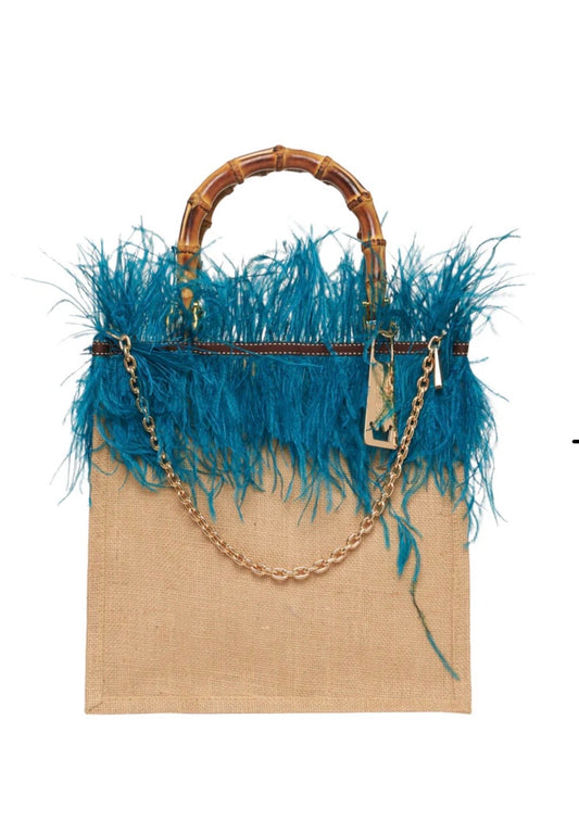 La Milanesa borsa shopper intrecciata in juta manici in bamboo con tracollina dorata violetta media ottanio