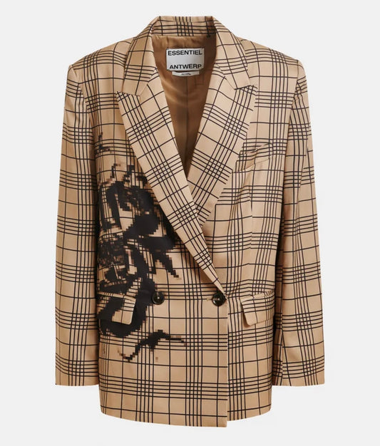 Essentiel antwerp blazer over doppiopetto marrone e nero con stampa posizionata effetto pixel