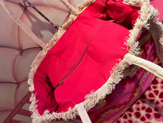 Borsa tela due manici con tracolla fantasia geometrica fucsia e oro