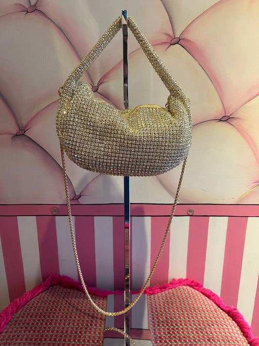 Love & roses borsa a mano full strass oro chiaro con tracolla metallica gold