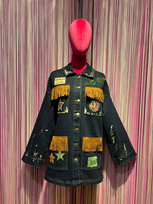 ABpink 🩷 giacca denim con cintura applicazioni patch stelle tasche con frange