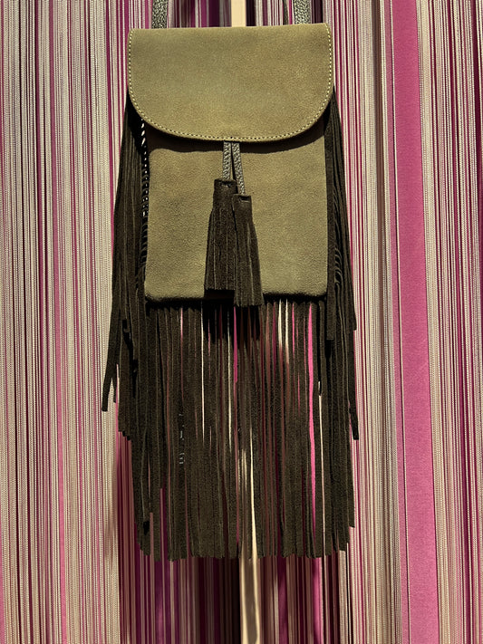 Love & roses tracollina TEXAS in suede con frange , nappina e mini pochette, colore taupe
