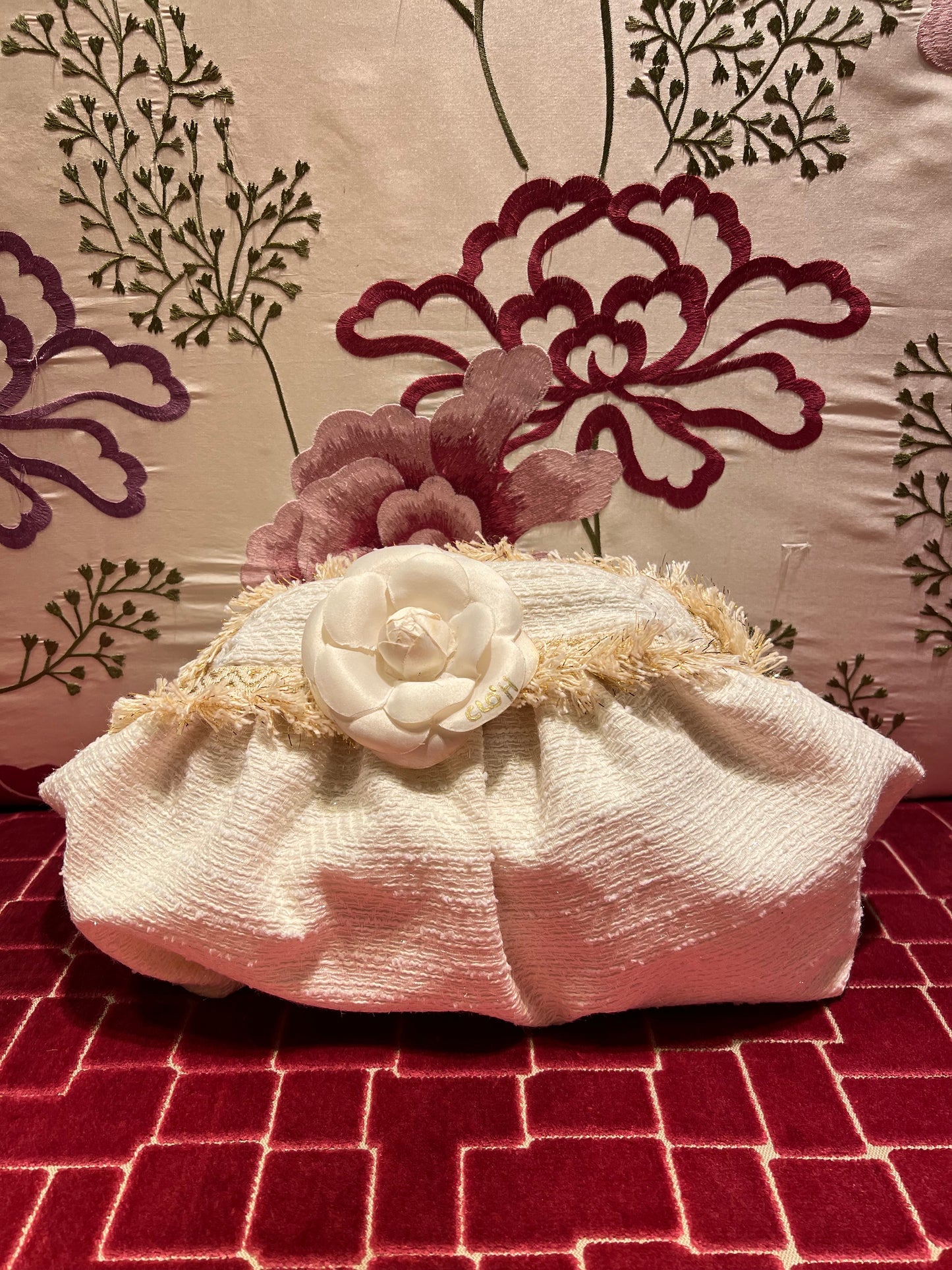 Clo’h meno 50%clutch tessuto juta con camelia panna