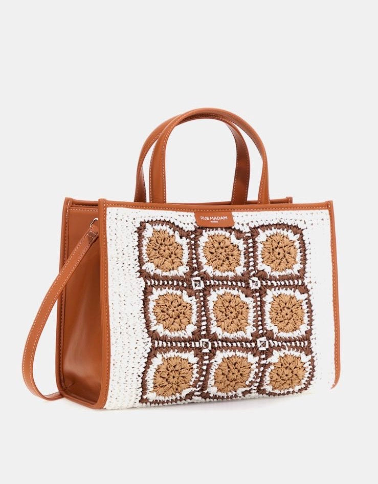 Rue Madam borsa due manici con tracolla carioca TOTE ecopelle vegan pannello rafia crochet realizzato a mano