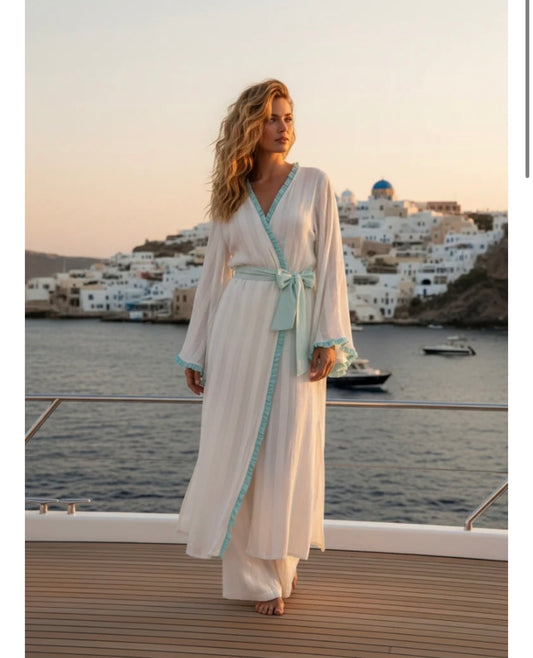 Be-sunset kimono bianco con cinta e rifiniture turchesi