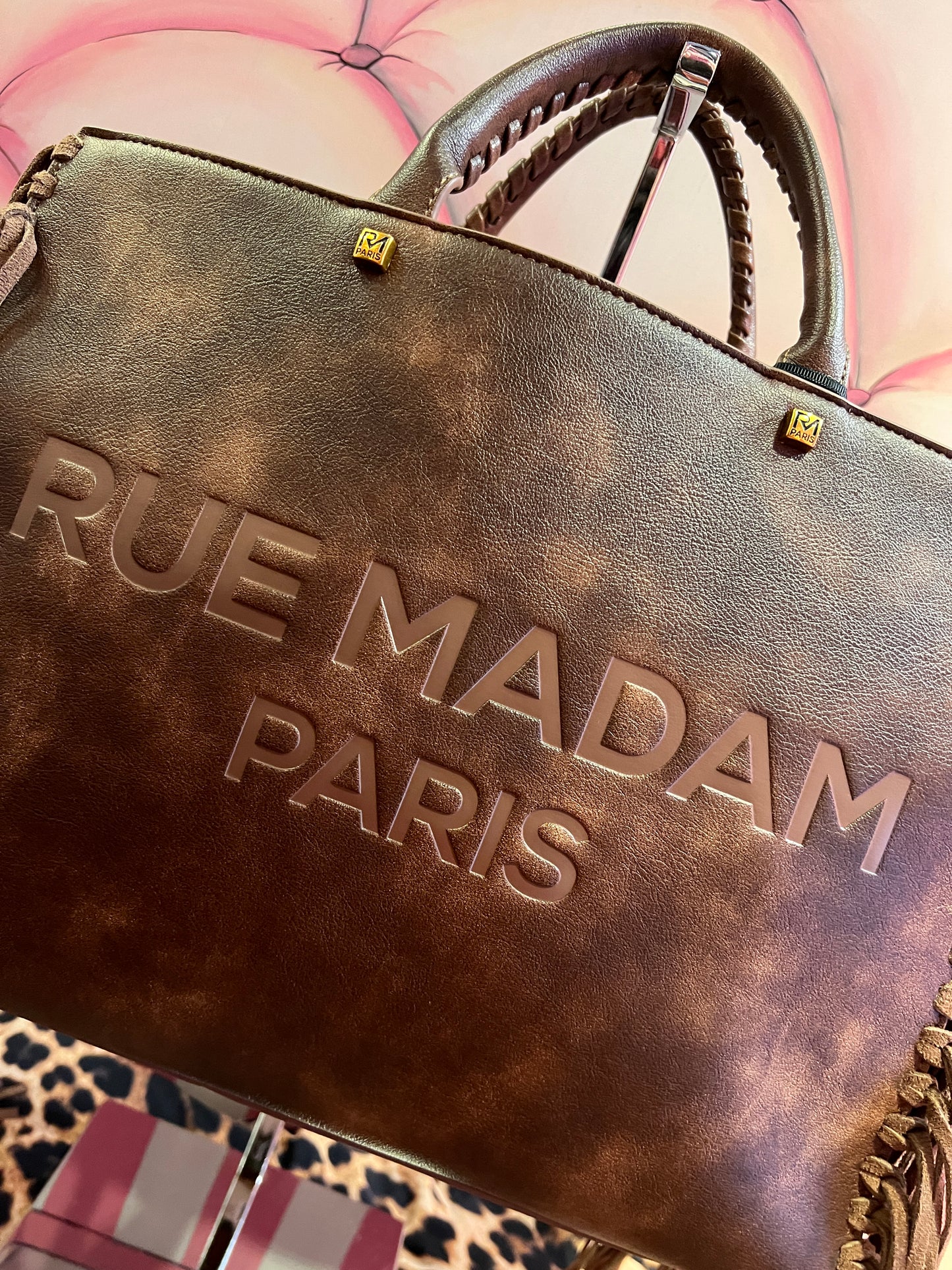 Rue Madam Paris borsa due manici vintage marrone con frange e tracolla Texas tote