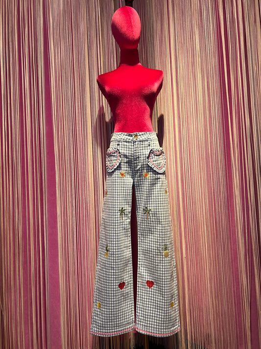 Love & roses pantaloni a quadretti vichy celesti e bianchi tasche a cuore