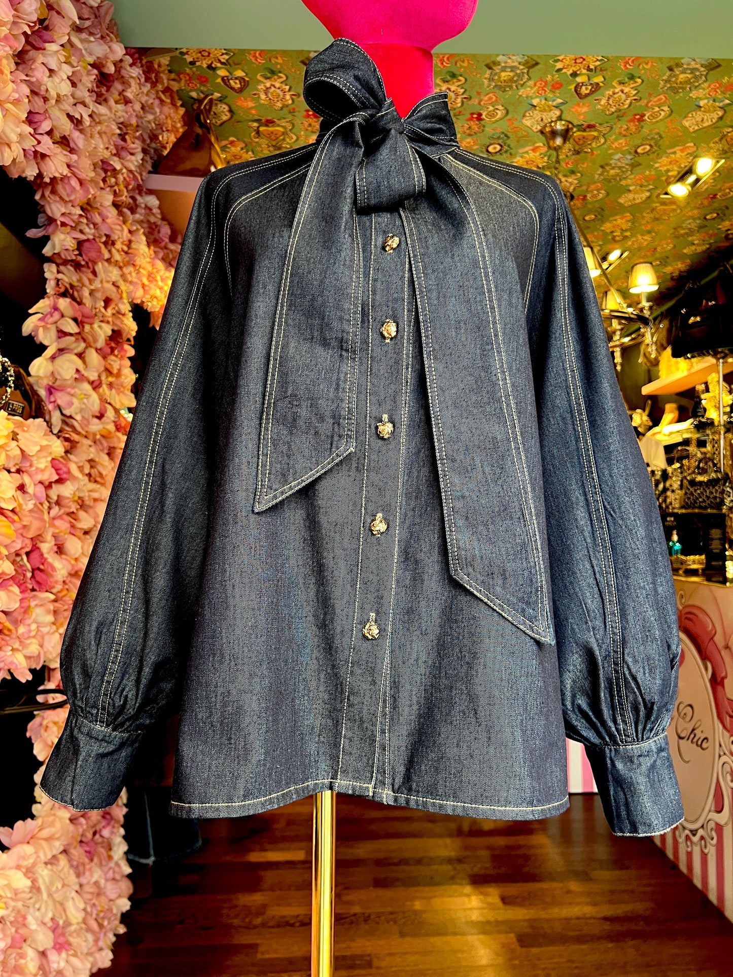 Mon amour Paris camicia denim oversize taglia unica con fiocco e maniche ampie