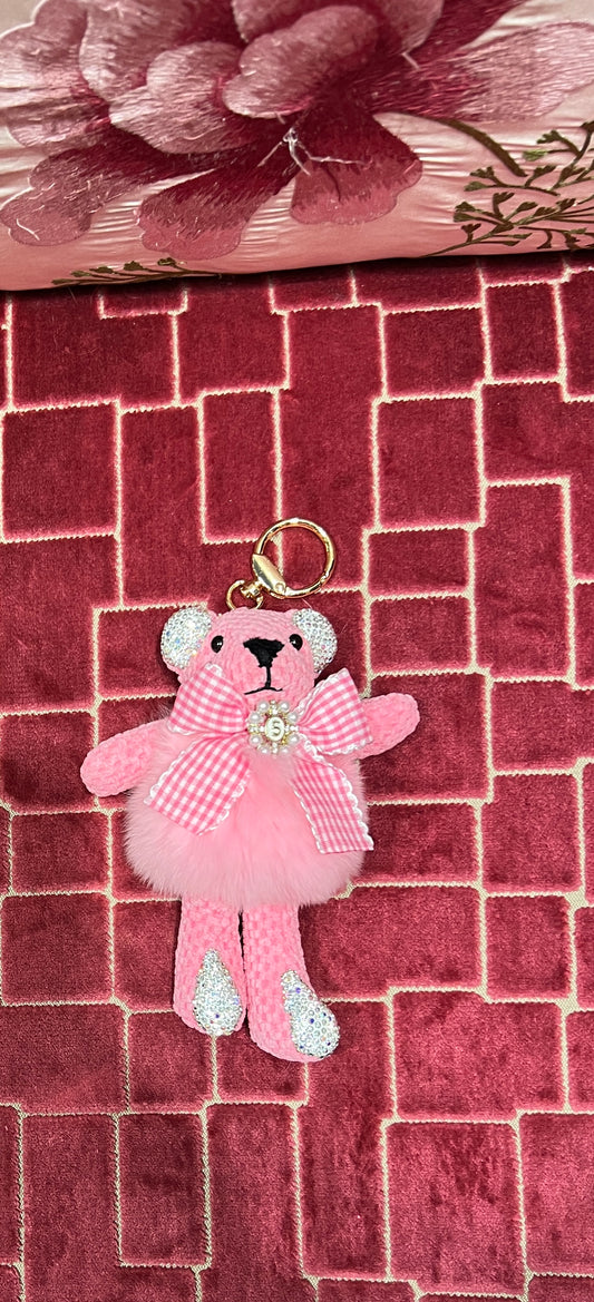 Charms/portachiavi orsetto rosa con strass e ecopelliccia rosa