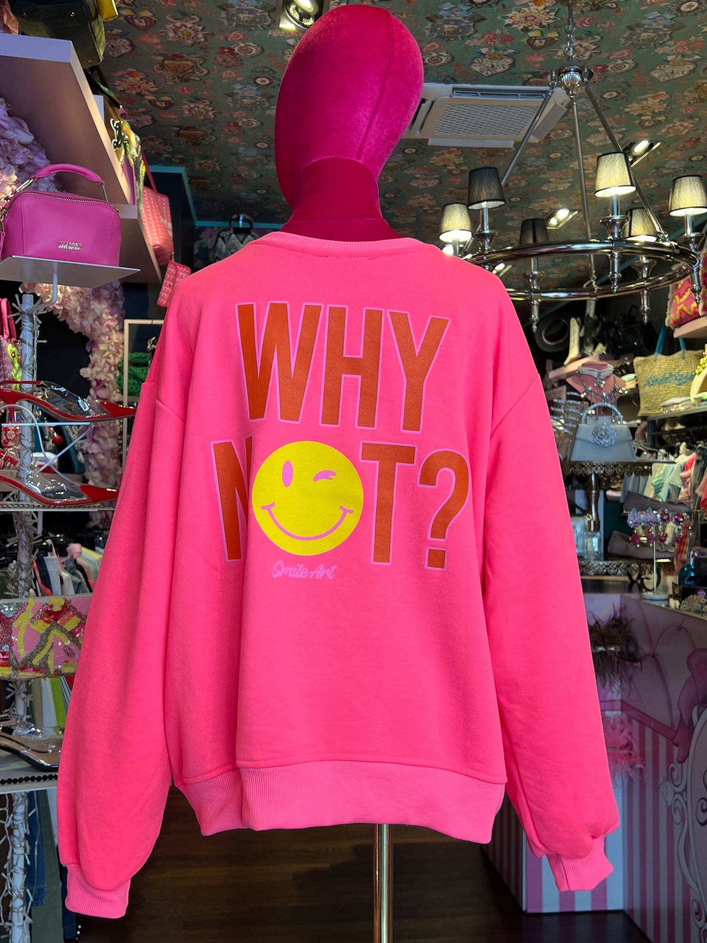 Mon amour Paris -20% di sconto felpa fucsia smile giallo “ whay not?”