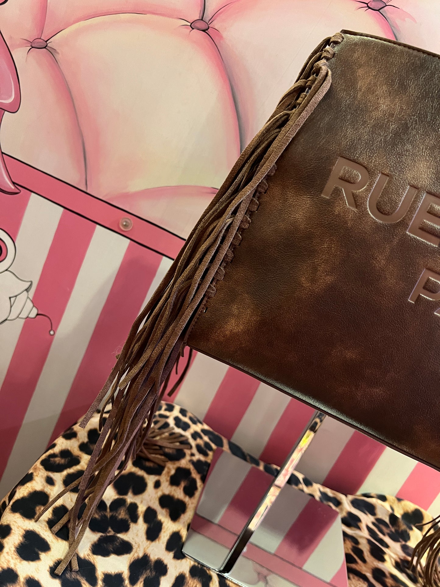 Rue Madam Paris borsa due manici vintage marrone con frange e tracolla Texas tote