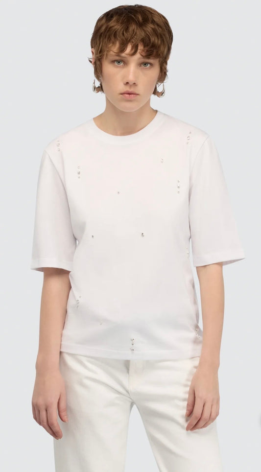Semicouture t shirt in cotone ricamata con strass sfaccettati effetto crystal