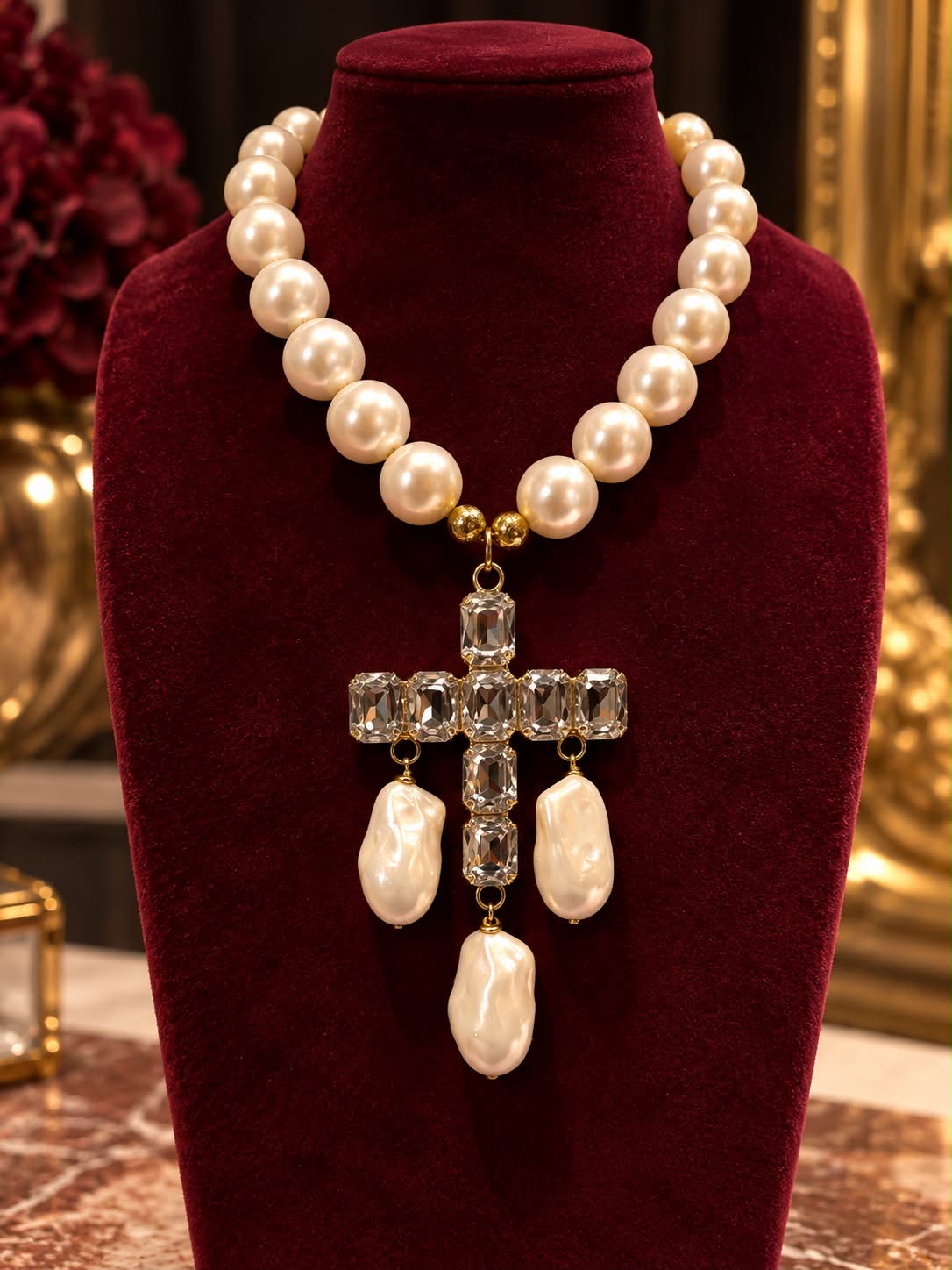 TittiBi collana perle con croce pietre rettangolari e perle barocche