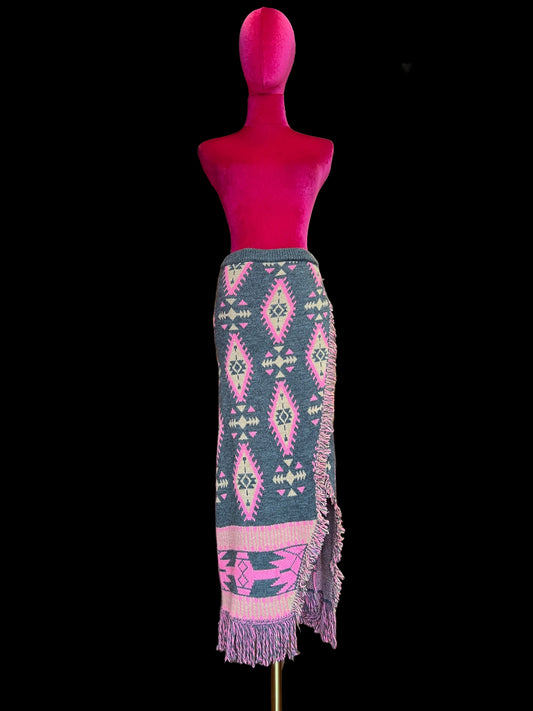 Colour market gonna jacquard con frange grigio e fucsia