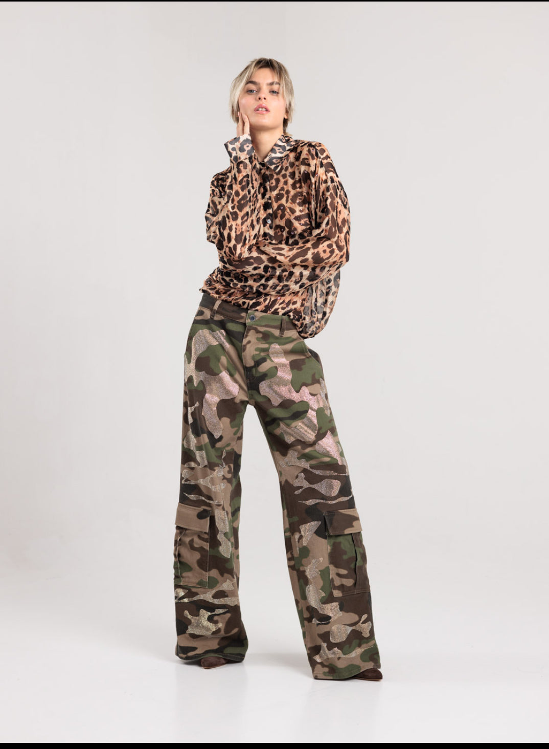 Rossano Perini pantalone combat camouflage con decorazioni cristalli